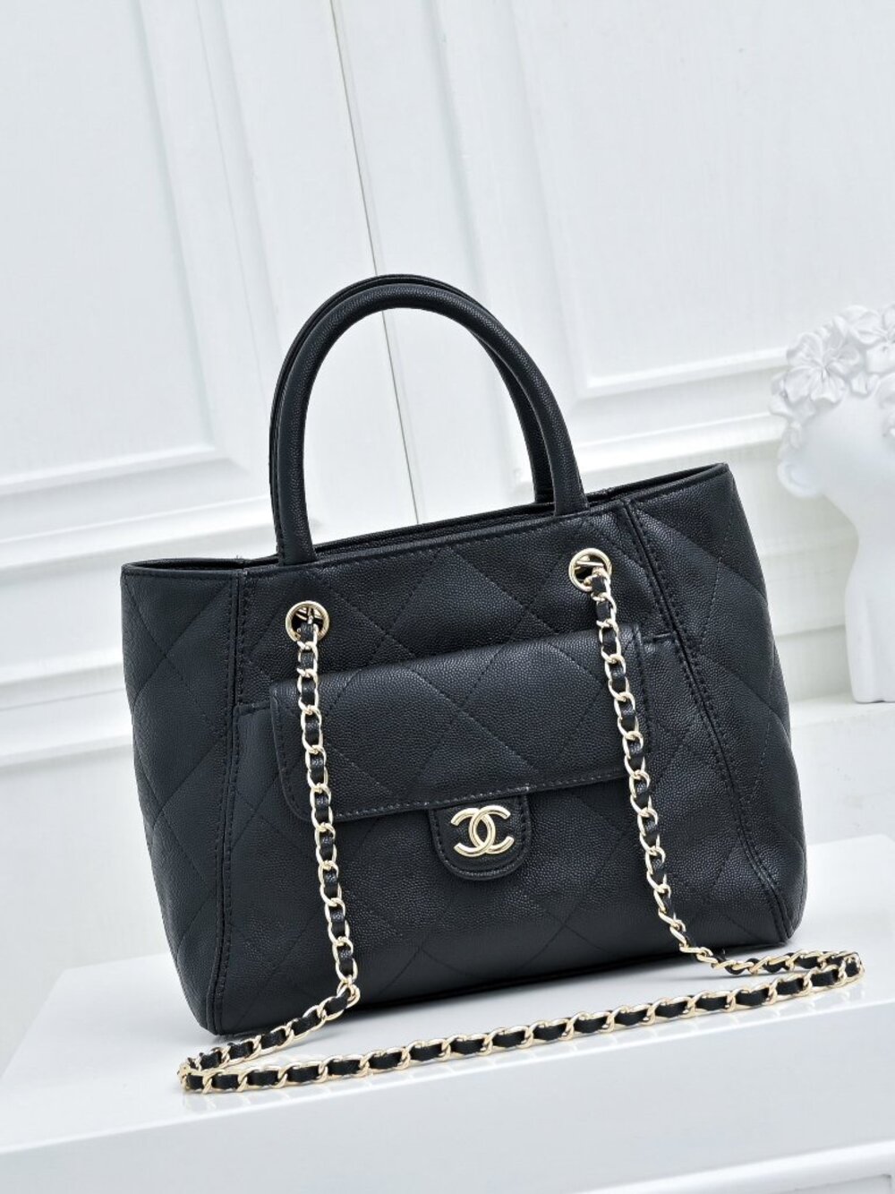 Chanel Caviar Leather Quilted Tote Bag with Top Handle & Chain Strap
